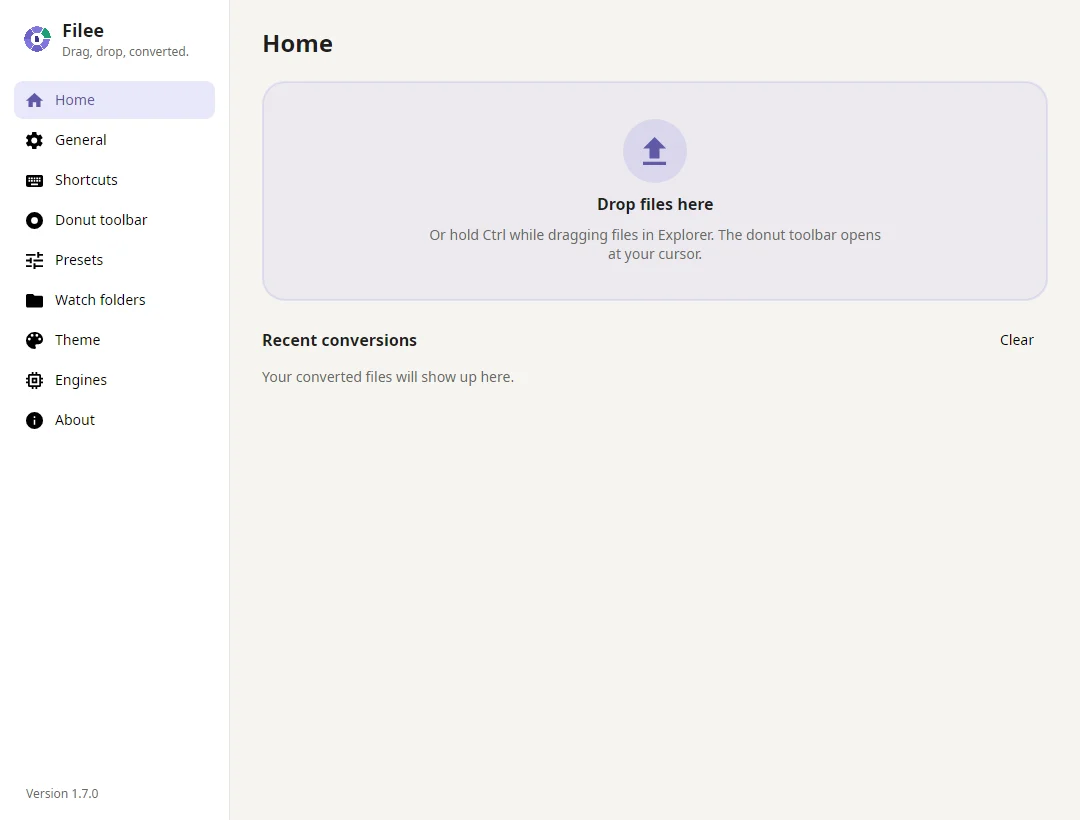 Official Filee Home screen with a file drop zone and recent conversions