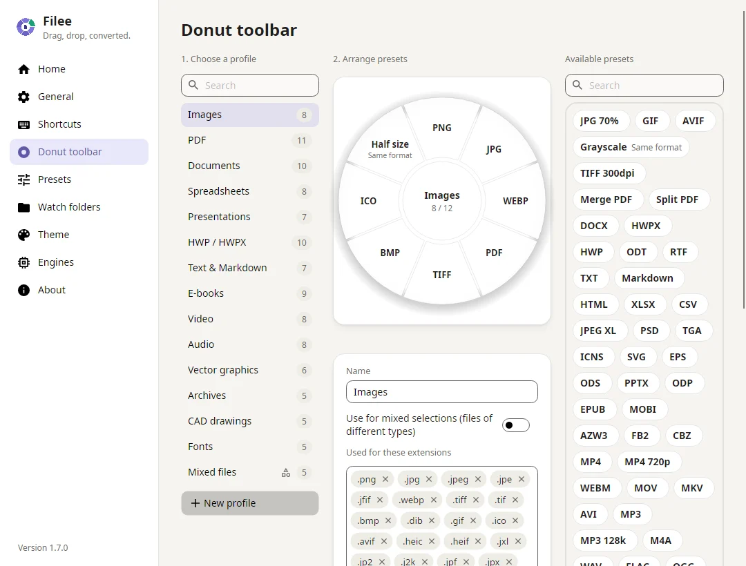Filee’s official toolbar editor, showing format presets arranged around its circular menu